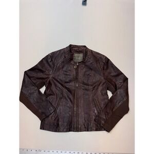 Maurices Womens XL Brown Faux Leather Moto Jacket Ribbed Knit Panels Full Zip